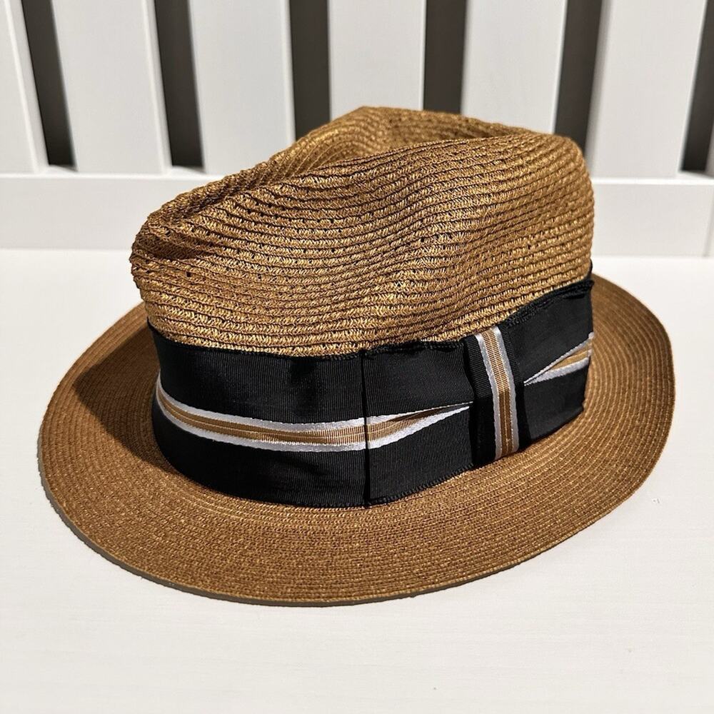 Vintage Resistol Imported Venetian Straw Fedora Size 7 Black Gold Striped Band